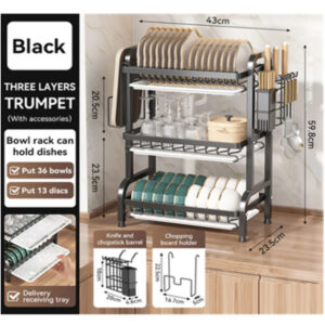 Сушарка для посуду тришарова чорного кольору з піддоном для ефективного сушіння