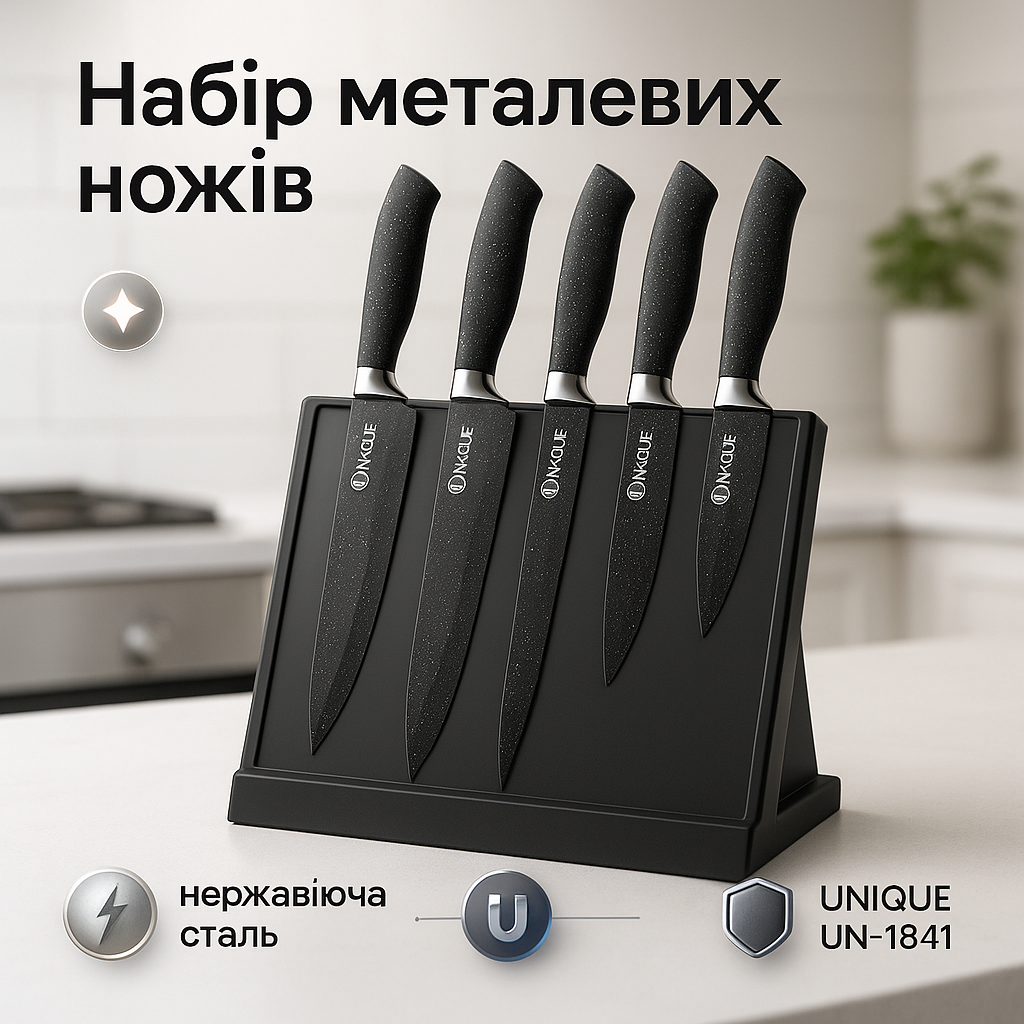 Набір ножів UNIQUE UN-1841 з нержавіючої сталі з підставкою + точила 6 предметів