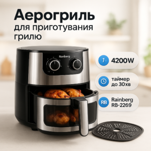 Аерогриль Rainberg RB-2269 4200Вт аерофритюрниця безмасляна для приготування без олії 8л